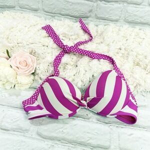 Mudd Sz M Padded Push-Up Pink White Stripe Polka Dot Halter Bikini Top Y2K Style